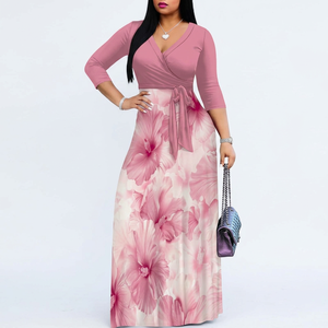 Robe d'été moulante rose unie en maille 100 % polyester pour femme, taille haute, col en V, manches trois quarts, style portefeuille à nouer, idéale pour les fêtes - Product Image 1