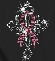 Transfert thermocollant motif Croix Gothique Religieuse avec Strass et Ruban Rose en Cristal