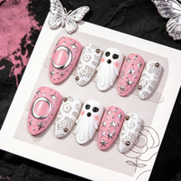 30 faux ongles Halloween à pression, motif fantôme 3D en relief, étoiles argentées, réutilisables, manucure festive effrayante pour fête