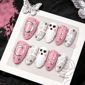 30 faux ongles Halloween à pression, motif fantôme 3D en relief, étoiles argentées, réutilisables, manucure festive effrayante pour fête - Product Image 4