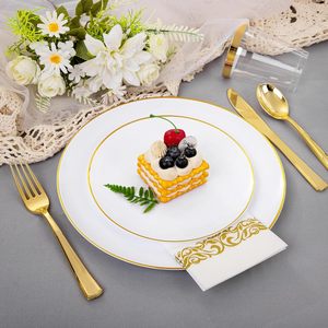 175 pièces ensemble de couverts de luxe de haute qualité Banquet or bordé PS vaisselle jetable pour les fêtes de mariage échantillon gratuit - Product Image 2