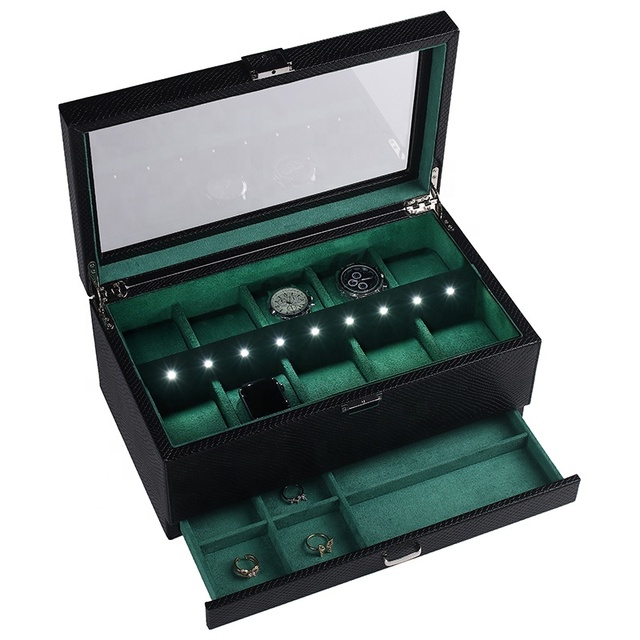 100% Solid Wood LED Light  10 Slot PU Leather Watch Case Display Jewelry Organizer with Large Real Glass Top for Men and Women