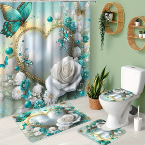 Juego de 4 Cortinas de <span class=keywords><strong>Ducha</strong></span> con Diseño de Rosas Blancas y Corazones de Diamantes, Diseño Floral de Mariposas, Poliéster Impermeable con Anillos de Impresión Digital 3D - Product Image 1