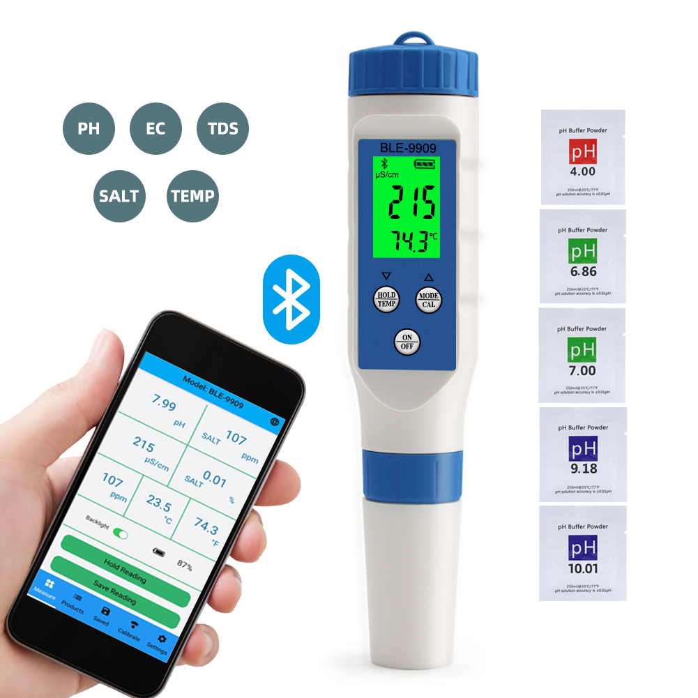 Smart Blue tooth pH Meter 5 in1PH/EC/TDS /Salinity/ TEMP Tester BLE-9909 Meter P