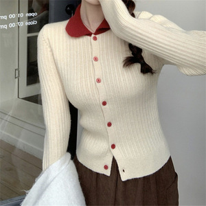 Cárdigan estilo coreano para mujer y niña, suéter casual de punto ajustado con cuello de muñeca y solapa, manga larga - Product Image 4