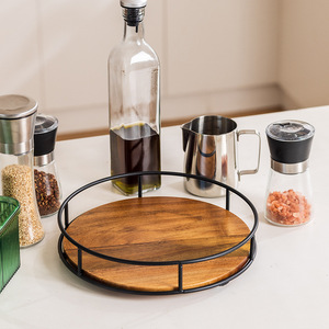 Plateau de rangement rotatif en bois d'acacia et fer forgé, rond, multifonctionnel, organisateur de cuisine sur pied, finition vernie - Product Image 2