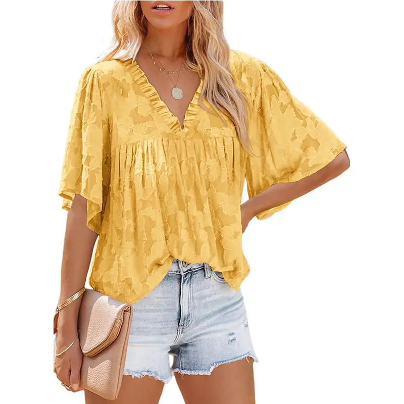 2022 Summer Flower Texture Flare Sleeve Shirt V-neck Chiffon Top Women's Blouses Shirts