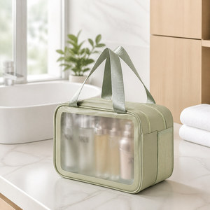 Bolsa <span class=keywords><strong>de</strong></span> Aseo con Separación para Artículos Húmedos y Secos, Organizador <span class=keywords><strong>de</strong></span> Cosméticos con Ventana <span class=keywords><strong>de</strong></span> PVC, Bolsas <span class=keywords><strong>de</strong></span> Viaje Impermeables <span class=keywords><strong>de</strong></span> Cuero PU, Logotipo Personalizado OEM y ODM - Product Image 1
