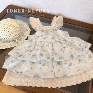 Cherry Blossom Floral Dress For Girls Pink With Hat Halter Neck Cotton Summer Dress Flower Girl Dress - Product Image 2