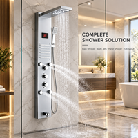 Colonne de douche thermostatique moderne en acier inoxydable brossé noir de luxe avec LED, mitigeur de baignoire, douchette à main et jet pluie
