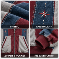 Sweat à capuche zippé personnalisé pour homme, patchwork, mélange de coton lavé, broderie étoile, fermeture éclair intégrale, pour streetwear