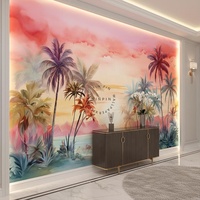 Papier peint amovible et imperméable Paysage au lever du soleil Aquarelle Soleil Plantes tropicales et grands palmiers Papier peint