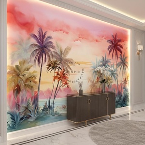 Papel Tapiz Removible e Impermeable con <span class=keywords><strong>Paisaje</strong></span> de Amanecer, Acuarela, Plantas Tropicales y Palmeras Altas - Product Image 3
