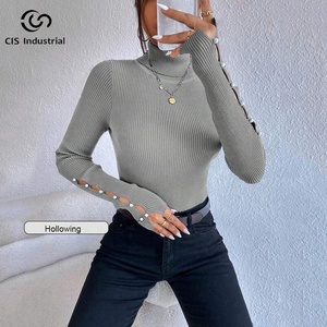 Nouveau <span class=keywords><strong>Pull</strong></span> Col Roulé Gros, Évidé Manches Longues Perles, Col Mi-Chemin Moulant Côtelé <span class=keywords><strong>Tricot</strong></span>é pour <span class=keywords><strong>Femme</strong></span> - Product Image 4