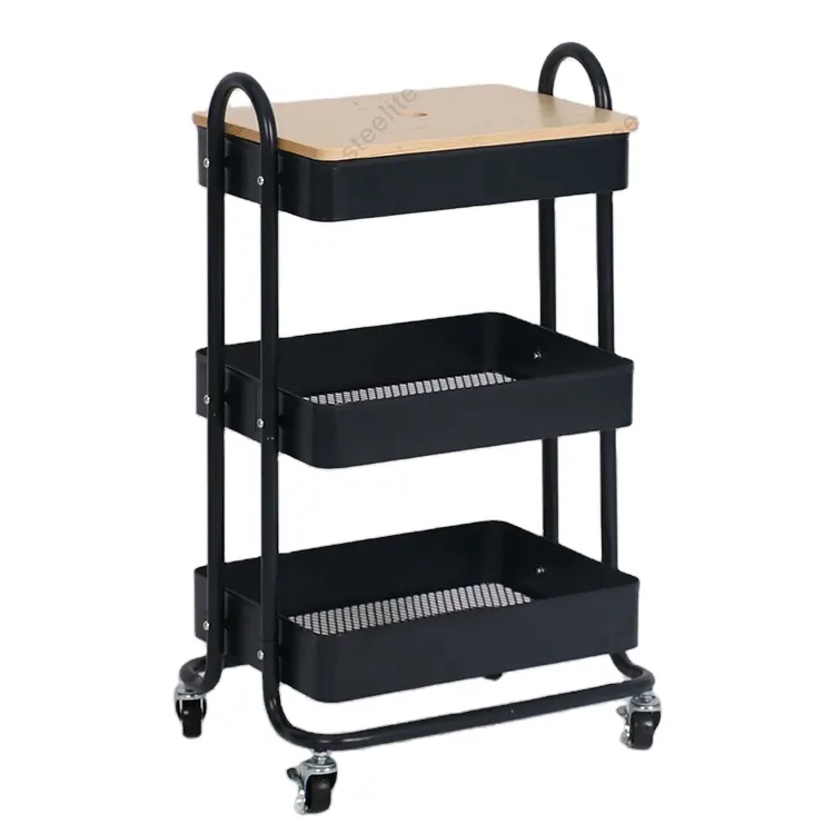 3 tier utility rolling storage shelves trolley cart with bamboo board and lockable casters