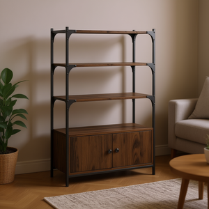 Libreria industriale in metallo con 4 ripiani e mobiletto contenitore in legno ingegnerizzato di rovere fumé per arredamento soggiorno - Product Image 2