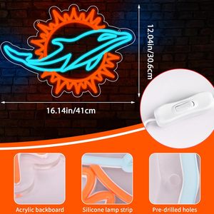 Enseigne néon LED Miami Dolphins pour décoration murale, lumière néon à intensité variable, logos de l'équipe bleu glace pour la décoration de la cave des hommes - Product Image 2
