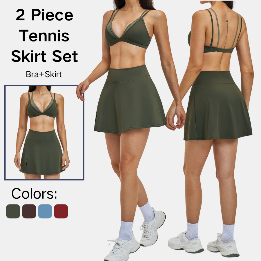 Women Sports Bra Crop Top Tennis Skirt 2 in 1 With Shorts High Waist a Line Quick Dry Breathable Mesh Pocket Gym Set
