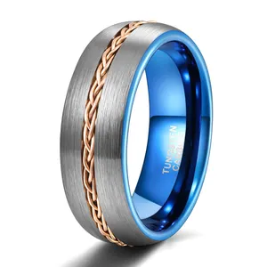 Wholesale Steel Chain Inlay 8mm Jewellery Bands Blue Plated Brushed Tungsten Carbide Rings For Men's Wedding/Engagement/Dating
