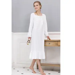 100% कपास सादे सफेद सूती Nightshirts महिलाओं की लंबी आस्तीन सादे सफेद Nightgown