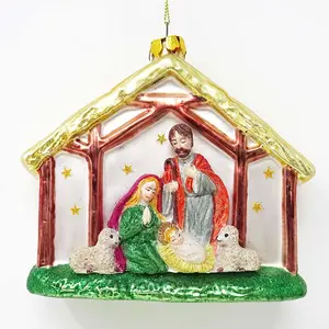 Wholesale top products for christmas 2024 glass manger with holy infant and holy parents pendant