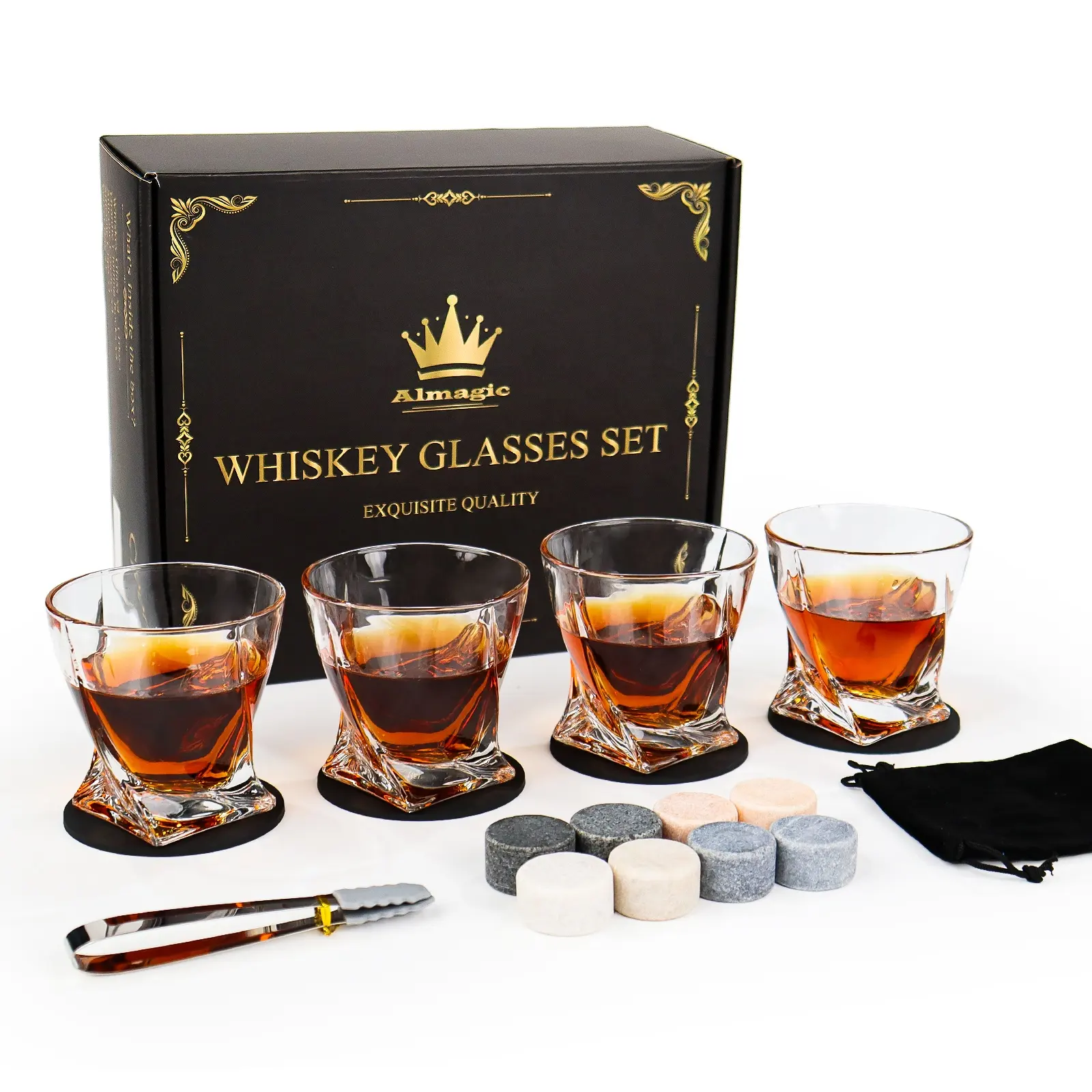 2024 Hot Selling promotional 4 pcs 300ml whiskey twisted cup whiskey stone set with custom packaging