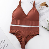 Ensemble soutien-gorge sans armatures et string sans couture pour femme, haute élasticité, minimisant le buste, confortable, fin, style cami bralette - Grande Vente