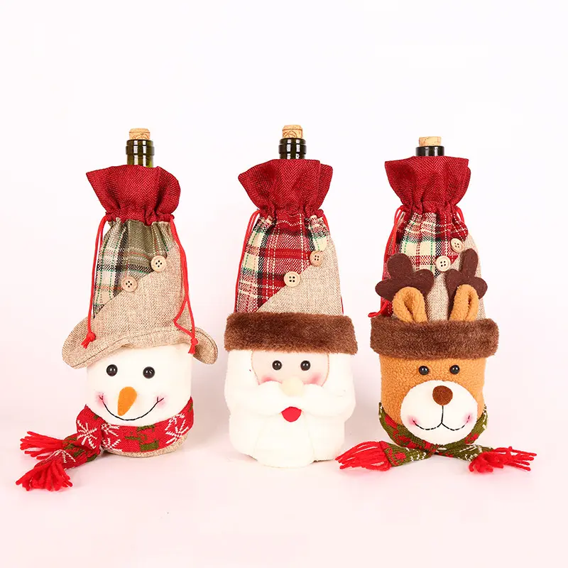 Оптовая продажа рождественских льняных чехлов для винных бутылок с Санта-Клаусом, снеговиком, Рождественская упаковка для бутылок, рождественский подарок, сумка для вина со шнурком