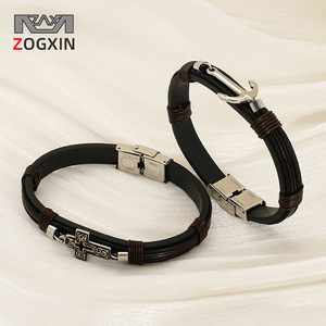 Cross Stainless Steel Leather Bracelet Men Double Layer Rope Jewelry Gift - Product Image 2