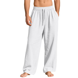 กางเกงลำลองผ้าลินินผู้ชายเอวยางยืดระบายอากาศได้ดีสีทึบกางเกงมีเชือกผูกสำหรับสวมใส่พักผ่อน - Product Image 6