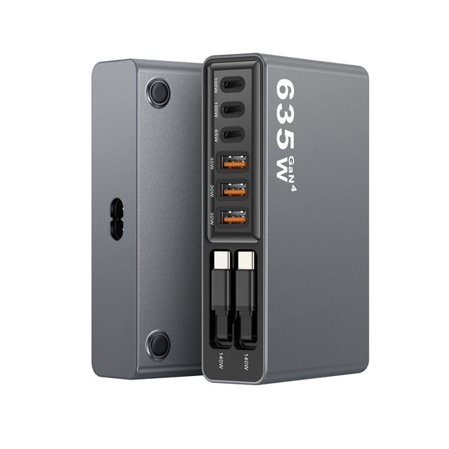 635W GaN Fast Charger With Retractable USB C Cable Multi Port PD140W QC Desktop Charging Station Portable Laptop GaN Charger