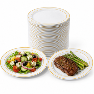 Platos <span class=keywords><strong>de</strong></span> Plástico Dorados, Platos Desechables <span class=keywords><strong>con</strong></span> Borde Dorado, Platos para <span class=keywords><strong>Cena</strong></span>, Ensalada, Postre y Aperitivos, Elegantes y Sofisticados - Product Image 1