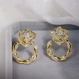 Orecchini Diamantati in Oro 18K Massiccio con Diamanti Naturali Taglio Brillante Rotondo, Gioielli Romantici da Sposa per Donna - Product Image 3