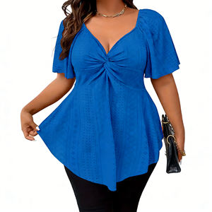 Blusa de Talla Grande con Cuello en V, Diseño Cruzado, Bordado de Ojales y Mangas Acampanadas en Azul Rey, Nueva Colección 2026 - Product Image 1