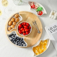 Plateau à collation en céramique à 5 compartiments avec séparateur en bambou et fruits secs, assiette ronde en bois, ensemble de fête, plateau à collation en céramique pour mariages