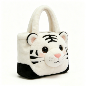 Custom Cute 3D <b>White</b> Tiger Face Plush <b>Handbag</b> with Zipper,Soft Fluffy Animal Tote Bag for Everyday Use,Cute <b>White</b> Tiger Bag - Product Image 1