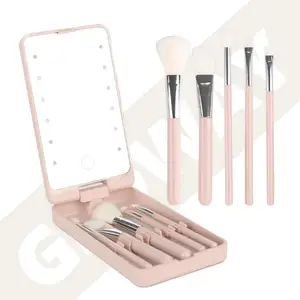 2024 New Travel Rechargeable Usb Led Mirror Makeup Brush Set 5Pcs Makeup Brush Set With Led Light Mirror And Case