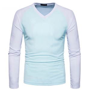 Men's Long Sleeve V-neck T-shirt Raglan Sleeve Slim Fit Knitted Solid Color Casual Wear Light Blue <b>White</b> Splicing Design - Product Image 1
