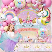 Décorations de fête sur le thème de la licorne, arche de ballons roses avec toile de fond, nappe, grands ballons en feuille auto-conçus pour fête d'anniversaire