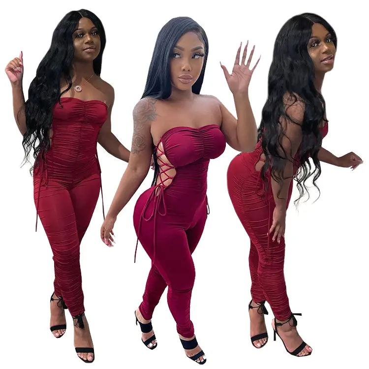 Dg031666 Zomer Draagt Kleding Uit Één Stuk Strapless Streetwear Jumpsuits Stretch Getailleerde Bodycon Scrunch Vrouwen Jumpsuit 2021