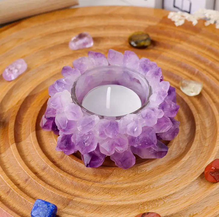 Natürlicher Amethyst Kerzenhalter Kristall Cluster Ornamente Kristall lampe Wohnkultur Tischplatte USB Nachtlicht