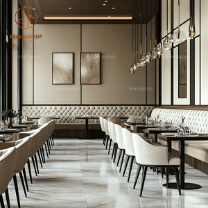 Ensemble <span class=keywords><strong>de</strong></span> meubles <span class=keywords><strong>de</strong></span> restaurant modernes Ron Group, banquettes en cuir capitonnées, chaise ergonomique en tissu, table carrée en bois - Product Image 4