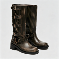 Bottes de motard vintage personnalisées pour femme, avec boucle, mi-mollet, talon épais