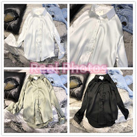 Chemise en Satin Vintage Boutonnée pour Femme, Mode Bureau, Élégante Blouse en Soie Blanche à Manches Longues