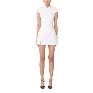 Su misura di alta qualità una linea Mock collo manica corta Modulare con bottone ad arco <span class=keywords><strong>Tweed</strong></span> donna Mini abito - Product Image 6