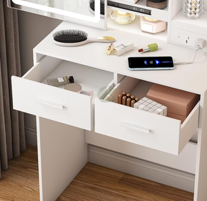 Petit coiffeuse moderne avec miroir LED réglable, prises de courant intégrées, rangements, tabouret, tiroirs et étagères pour chambre à coucher - Product Image 2