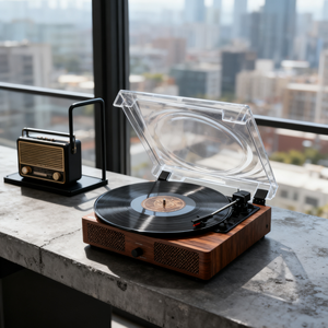Tourne-<span class=keywords><strong>disque</strong></span> vinyle classique en bois de noyer, lecteur de disques vinyles sans fil BT, LP 33/45/78 tours, audio rétro portable pour cadeau de Noël - Product Image 4