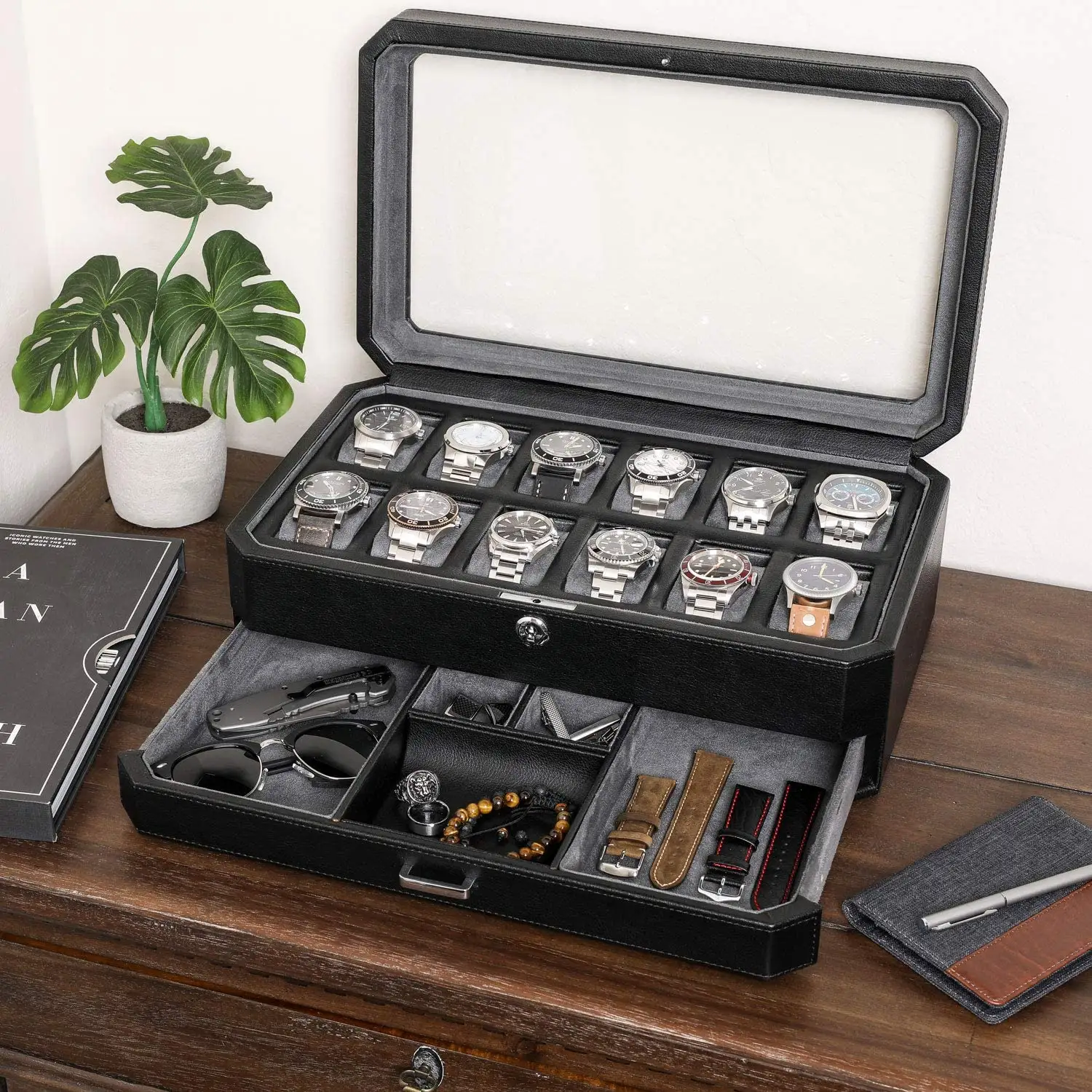 Caja de reloj de madera con 12 ranuras, caja de reloj de cuero de lujo con cajón de valet y organizador de exhibición de joyería