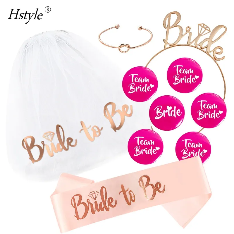 Oro rosa Rosy Bride to Be Sash and velo Hen Party Bride to Be Sash velo bracciale sposa e Brideteam Badge Set E3092