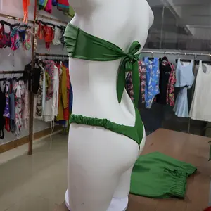 New Design Custom Made Summer Bathing Suits Women 3 Pieces Off Shoulder Bandeau Top Swimwear Bikini Sets